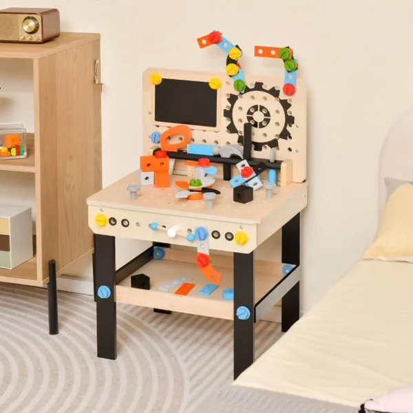 Jouet d'Etabli en Bois pour Enfants avec 6 Outils & 75 Accessoires Jeu d'imitation Bricolage avec Tableau Noir Cadeau pour Enfants de 3-8 Ans