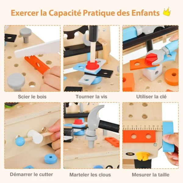 Jouet d'Etabli en Bois pour Enfants avec 6 Outils & 75 Accessoires Jeu d'imitation Bricolage avec Tableau Noir Cadeau pour Enfants de 3-8 Ans