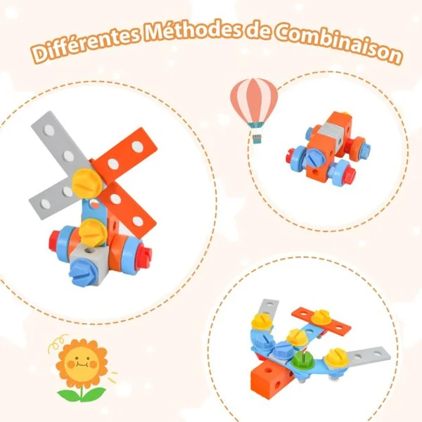Jouet d'Etabli en Bois pour Enfants avec 6 Outils & 75 Accessoires Jeu d'imitation Bricolage avec Tableau Noir Cadeau pour Enfants de 3-8 Ans