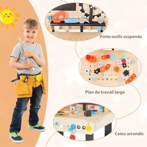 Jouet d'Etabli en Bois pour Enfants avec 6 Outils & 75 Accessoires Jeu d'imitation Bricolage avec Tableau Noir Cadeau pour Enfants de 3-8 Ans