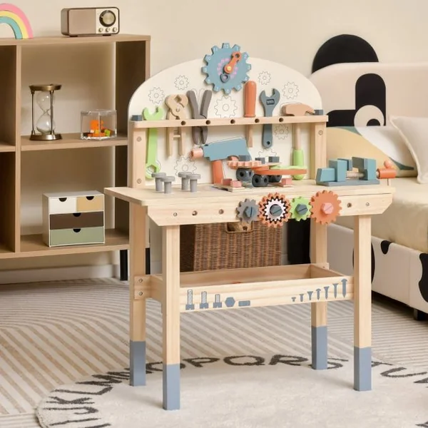 Jouet d'Etabli en Bois pour Enfants avec 8 Outils & 53 Accessoires Jeu d'imitation Bricolage avec Tableau Noir Cadeau pour Garçons et Filles de 3-8 Ans