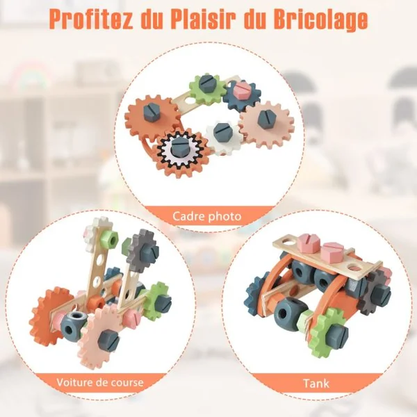 Jouet d'Etabli en Bois pour Enfants avec 8 Outils & 53 Accessoires Jeu d'imitation Bricolage avec Tableau Noir Cadeau pour Garçons et Filles de 3-8 Ans