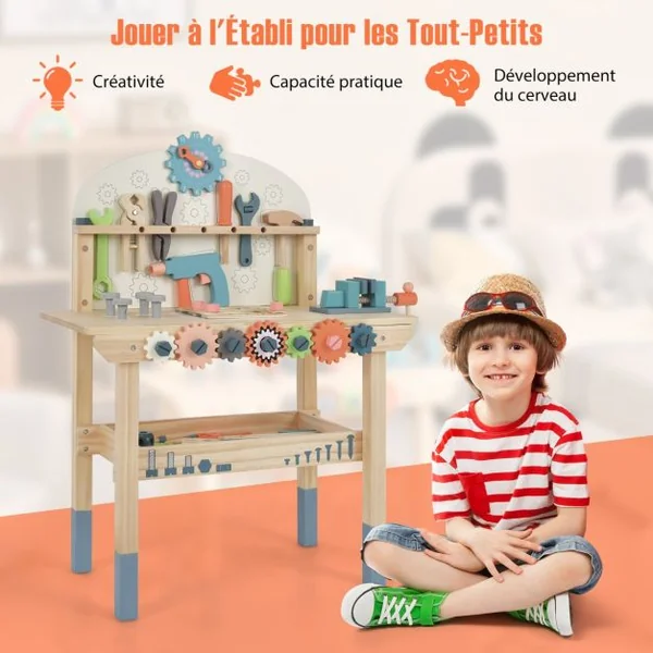 Jouet d'Etabli en Bois pour Enfants avec 8 Outils & 53 Accessoires Jeu d'imitation Bricolage avec Tableau Noir Cadeau pour Garçons et Filles de 3-8 Ans