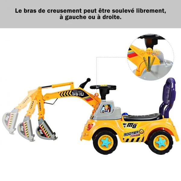 Jouet d’Excavatrice Autoporté pour Enfants de 3 à 5 Ans Camion Pelleteuse pour Enfants en PP, 103x29x46,5cm, Jaune