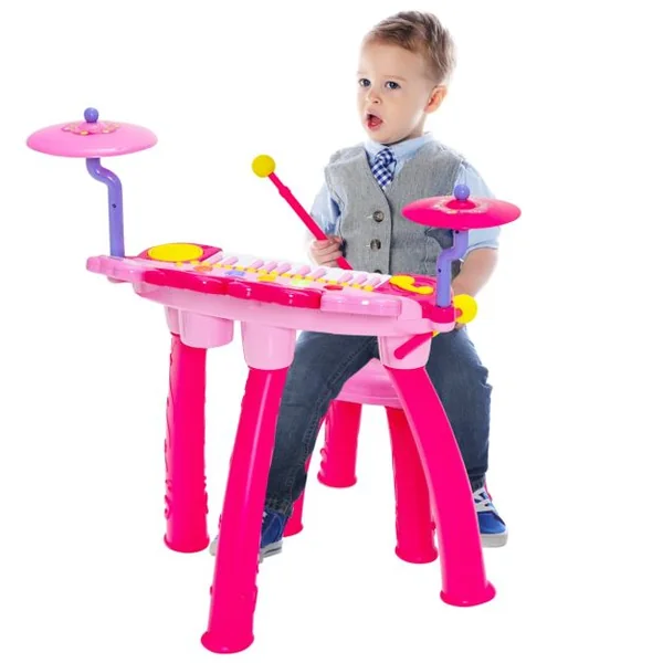 Jouet Musical Bébé Piano à 24 Touches et Percussion Batterie avec Tabouret Micro Lumières LED pour Enfants de 3 Ans + Bleu