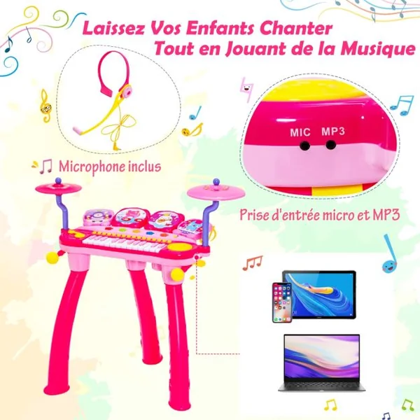 Jouet Musical Bébé Piano à 24 Touches et Percussion Batterie avec Tabouret Micro Lumières LED pour Enfants de 3 Ans + Bleu