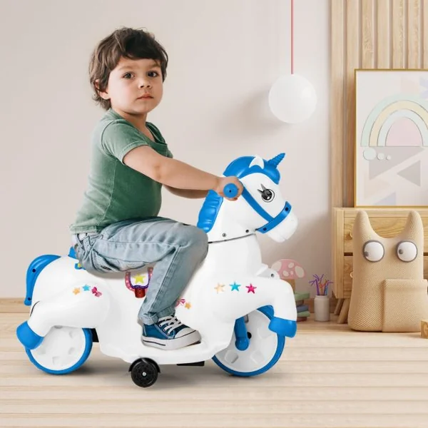Jouet à Chevaucher Licorne 12 V avec Roues d'Entraînement Musique Démarrage à un Bouton et Affichage LED Rose Rouge/Bleu