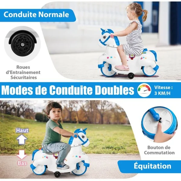 Jouet à Chevaucher Licorne 12 V avec Roues d'Entraînement Musique Démarrage à un Bouton et Affichage LED Rose Rouge/Bleu