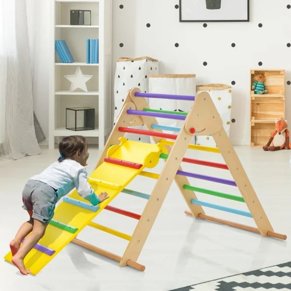 Jouets d'Escalade Pliants pour Tout-petits Ensemble de Triangle d'Escalade en Bois Montessori avec Rampe Toboggan Coloré