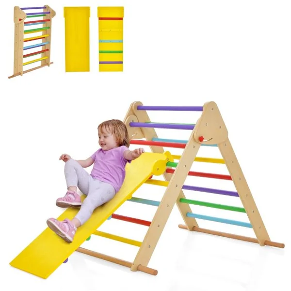 Jouets d'Escalade Pliants pour Tout-petits Ensemble de Triangle d'Escalade en Bois Montessori avec Rampe Toboggan Coloré