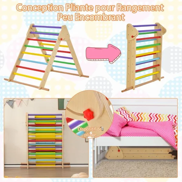 Jouets d'Escalade Pliants pour Tout-petits Ensemble de Triangle d'Escalade en Bois Montessori avec Rampe Toboggan Coloré