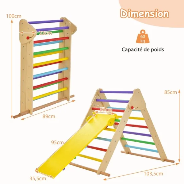 Jouets d'Escalade Pliants pour Tout-petits Ensemble de Triangle d'Escalade en Bois Montessori avec Rampe Toboggan Coloré
