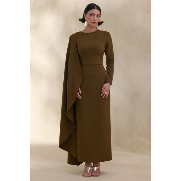 Jovea | Robe longue olive à encolure ronde avec manche cape