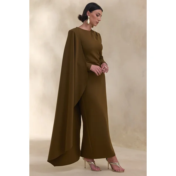 Jovea | Robe longue olive à encolure ronde avec manche cape