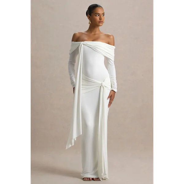 Jovie | Robe longue portefeuille blanche Bardot avec détail ceinture