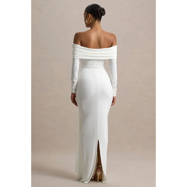 Jovie | Robe longue portefeuille blanche Bardot avec détail ceinture