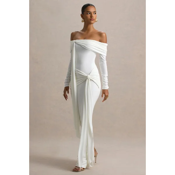 Jovie | Robe longue portefeuille blanche Bardot avec détail ceinture