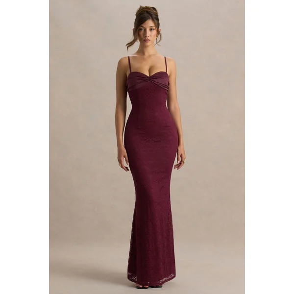 Juana | Robe longue bordeaux en satin et dentelle à encolure en cœur