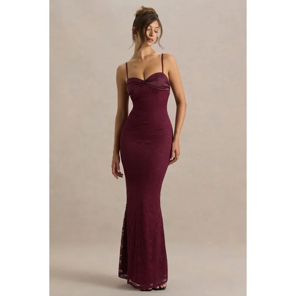 Juana | Robe longue bordeaux en satin et dentelle à encolure en cœur