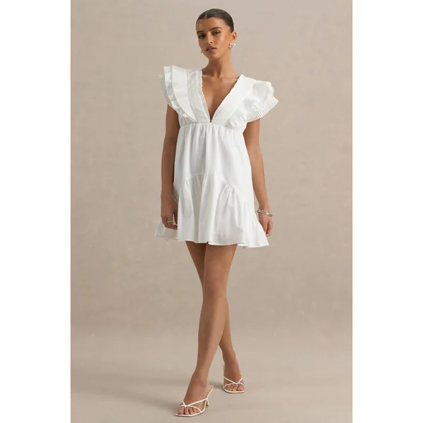 Judie | Mini-robe blanche en popeline à col en V et volants