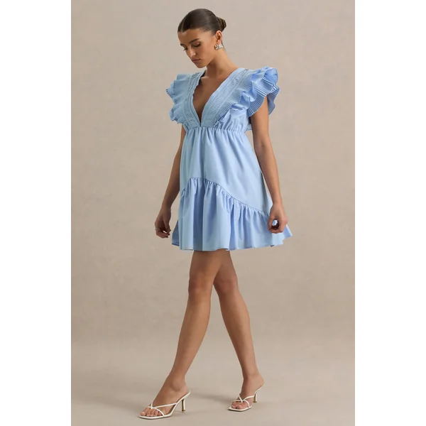 Judie | Mini-robe de maternité bleue en popeline à col en V avec volants