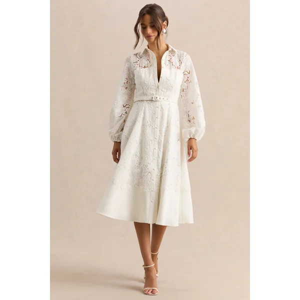 Jules | Robe mi-longue crème en broderie anglaise à encolure haute avec manches bouffantes