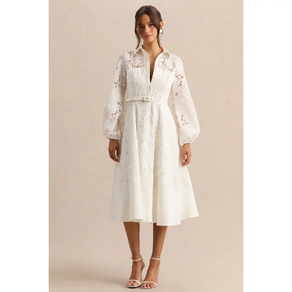 Jules | Robe mi-longue crème en broderie anglaise à encolure haute avec manches bouffantes