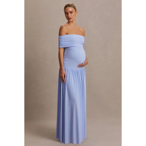 Juliette | Robe longue bleu poudré à encolure bardot et taille basse