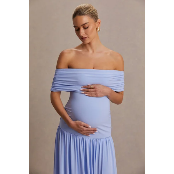 Juliette | Robe longue bleu poudré à encolure bardot et taille basse