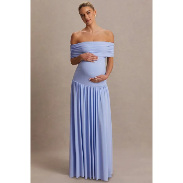 Juliette | Robe longue bleu poudré à encolure bardot et taille basse
