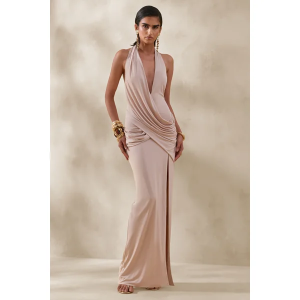 Junia | Robe longue champagne à décolleté plongeant avec détail portefeuille