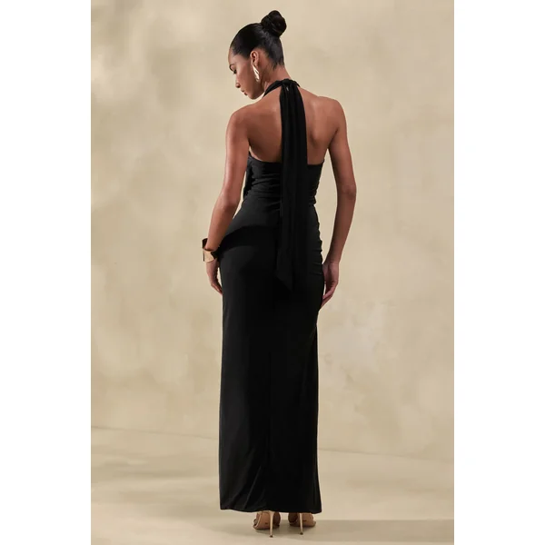 Junia | Robe longue noire à décolleté plongeant effet portefeuille