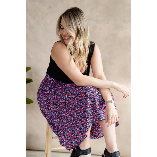 Jupe fleurie à taille élastique - combo fuchsia & bleu