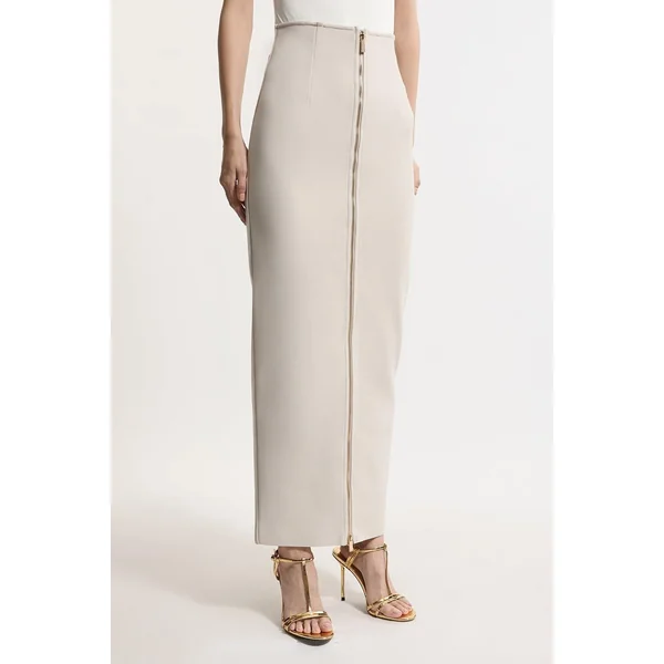 Jupe Maxi Moulante en Maille Bandage Taille Haute avec Détail Zip