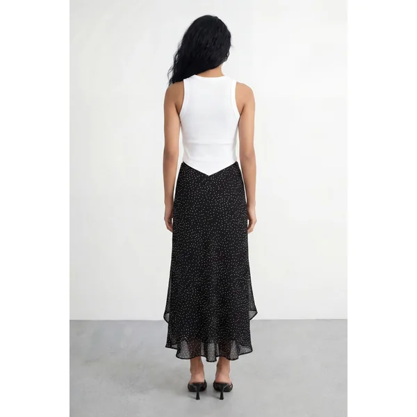 Jupe Midi À Pois Taille Haute Coupe Biais Avec Volants