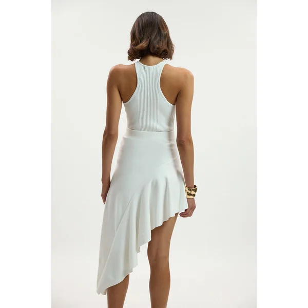 Jupe Mi-Longue Tricotée à Ourlet Asymétrique en Mélange de Viscose