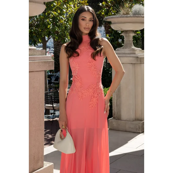 Just Like Magic | Robe longue corail à col montant et dentelle