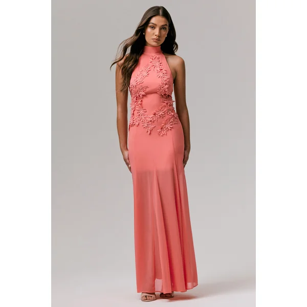 Just Like Magic | Robe longue corail à col montant et dentelle