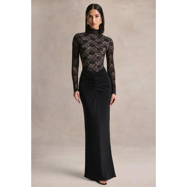 Justina | Robe longue noire à col montant avec détails froncés