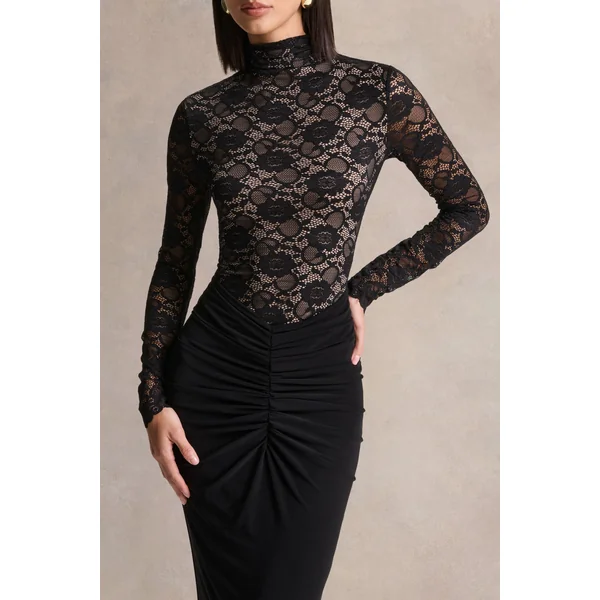 Justina | Robe longue noire à col montant avec détails froncés