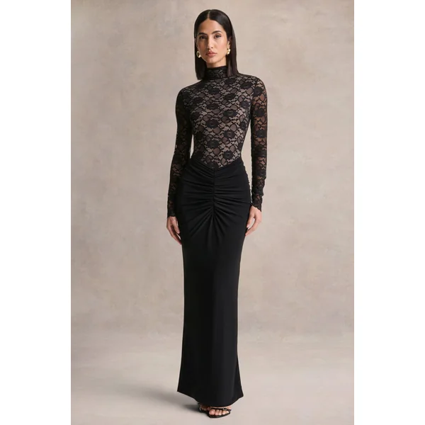 Justina | Robe longue noire à col montant avec détails froncés