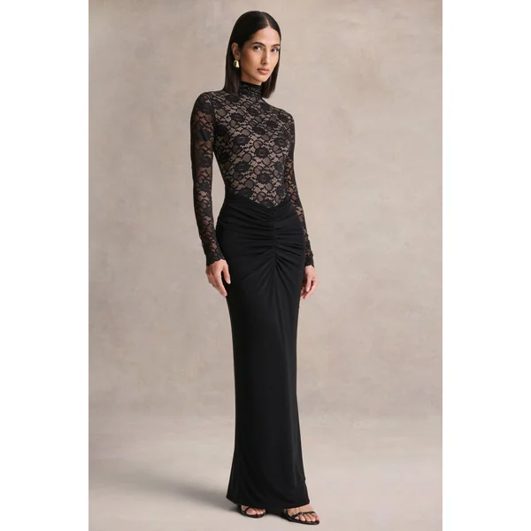 Justina | Robe longue noire à col montant avec détails froncés