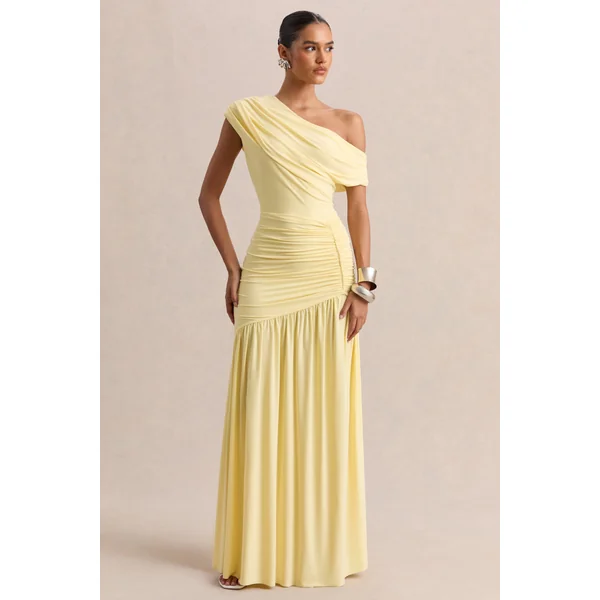 Kady | Robe longue citron à encolure asymétrique avec détails froncés