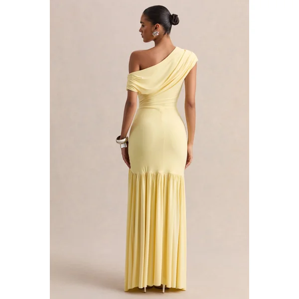 Kady | Robe longue citron à encolure asymétrique avec détails froncés