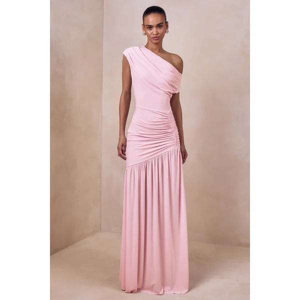 Kady | Robe longue rose à encolure asymétrique avec fronces