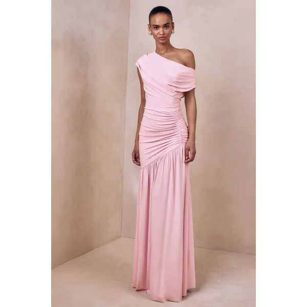 Kady | Robe longue rose à encolure asymétrique avec fronces