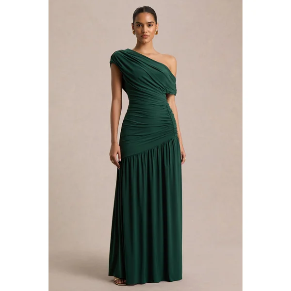 Kady | Robe longue vert foncé à encolure asymétrique avec détails froncés
