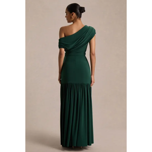 Kady | Robe longue vert foncé à encolure asymétrique avec détails froncés