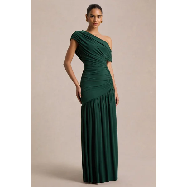 Kady | Robe longue vert foncé à encolure asymétrique avec détails froncés