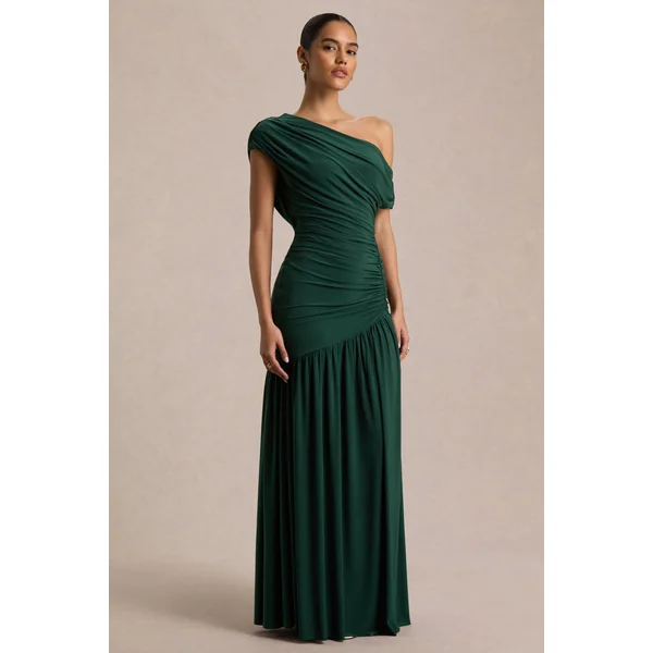 Kady | Robe longue vert foncé à encolure asymétrique avec détails froncés